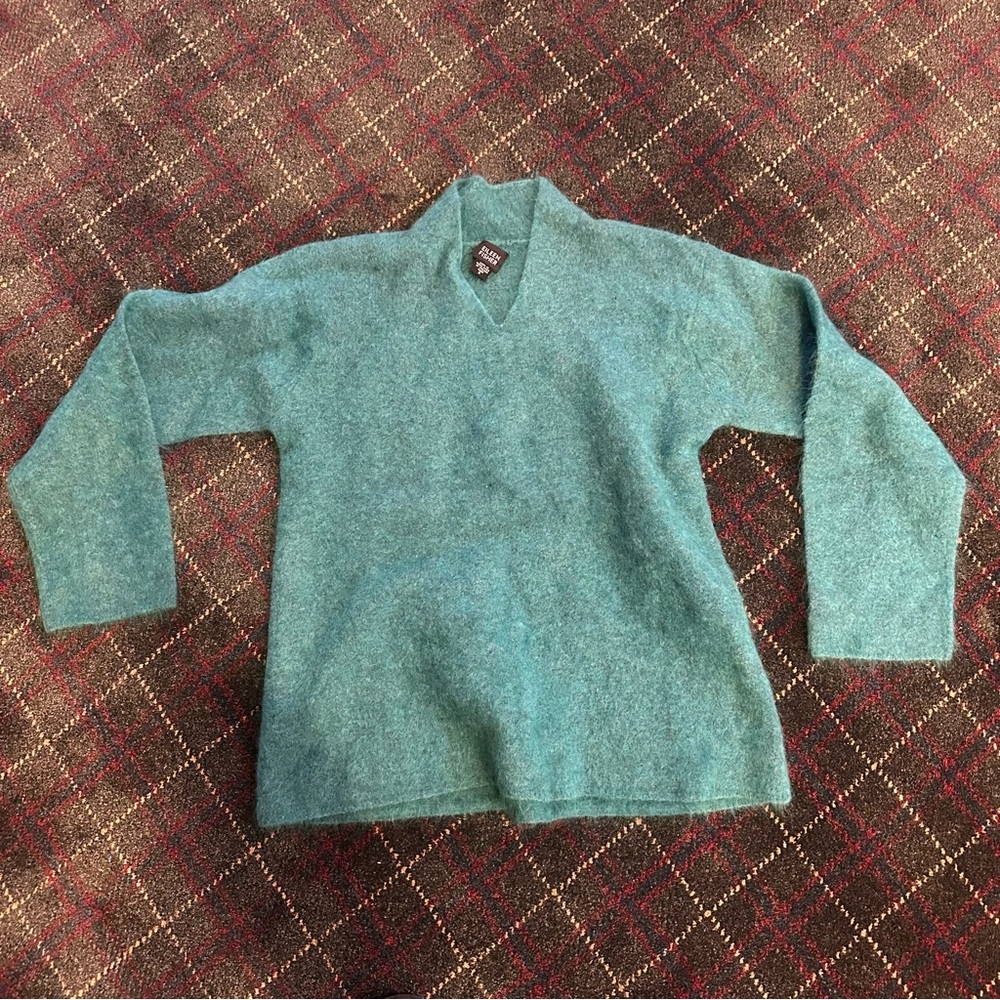 Eileen Fisher teal blue green Mohair Sweater v neck Women's Small